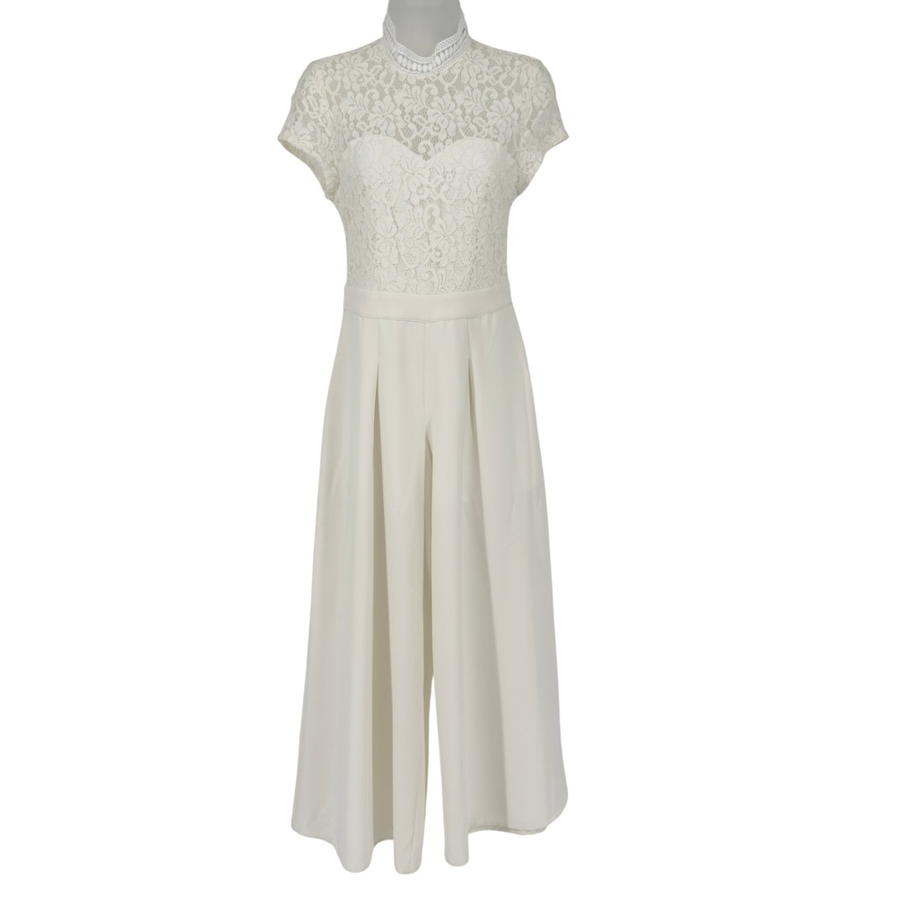 One‎ One Six Ivory Lace Wide Leg Jumpsuit Mock Neck Boho Bridal XS